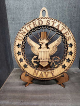 Load image into Gallery viewer, Military Branch Christmas Ornaments with table top display stand. Army - Navy - Air Force - Marines - Coast Guard
