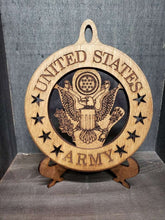 Load image into Gallery viewer, Military Branch Christmas Ornaments with table top display stand. Army - Navy - Air Force - Marines - Coast Guard
