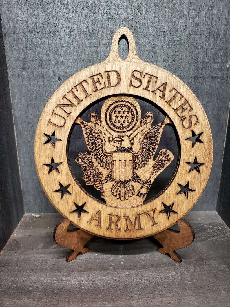 Military Branch Christmas Ornaments with table top display stand. Army - Navy - Air Force - Marines - Coast Guard